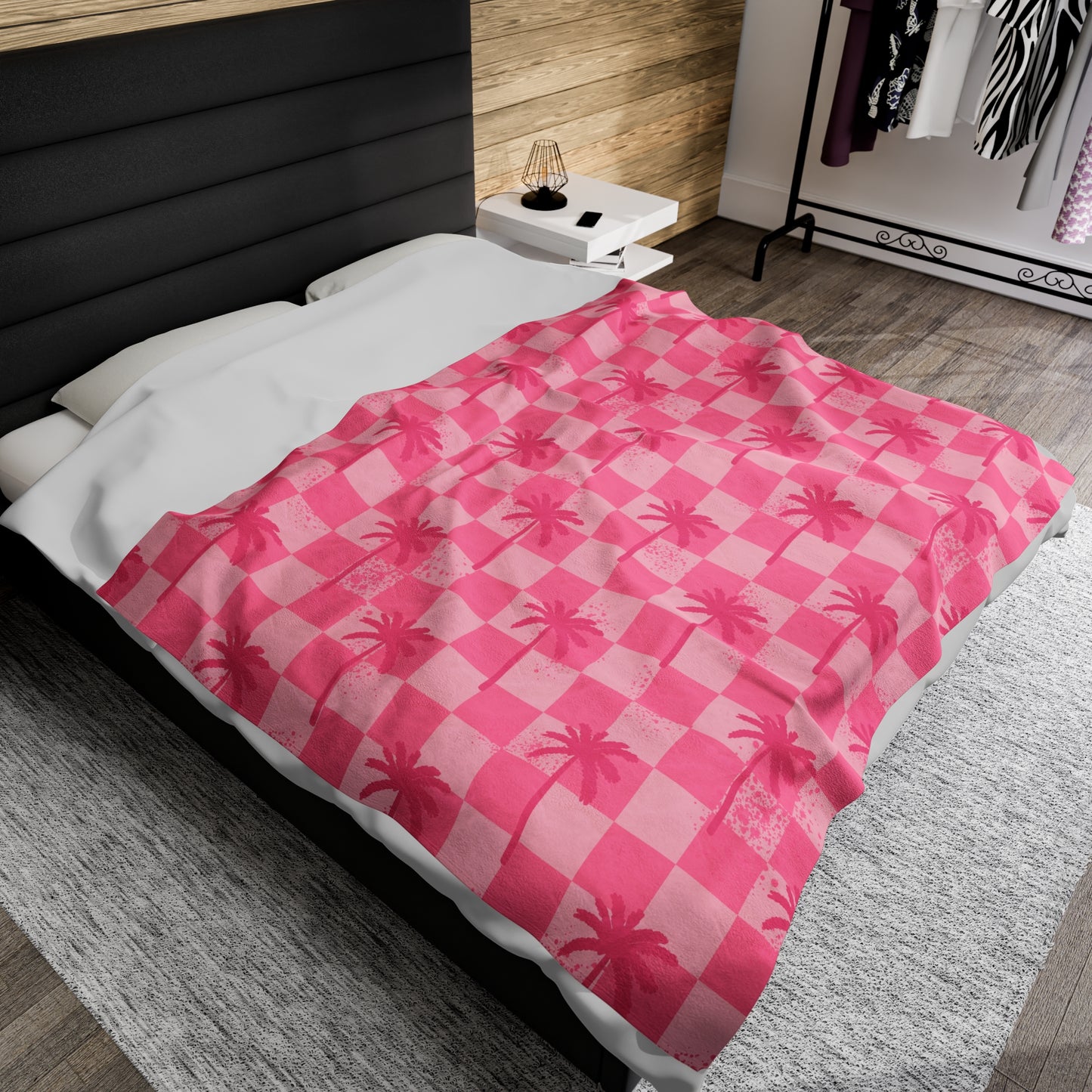 Pink Checkered Palms - Plush Blanket