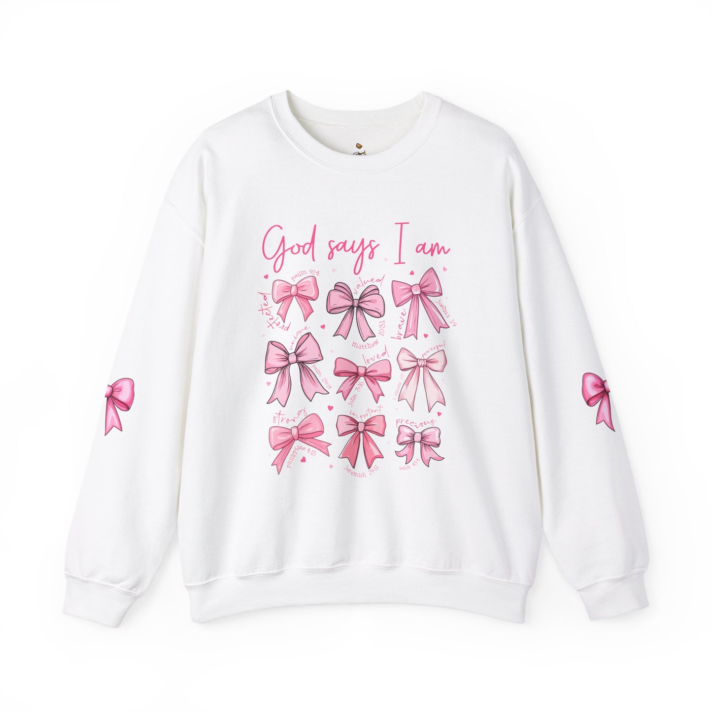 "God Says I Am" Pink Bow Sweatshirt – Inspirational Christian Crewneck