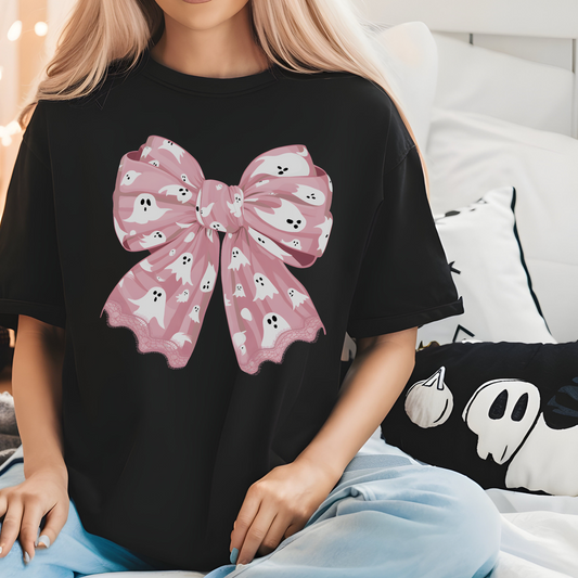 Pink Bow Ghost Halloween Coquette Shirt