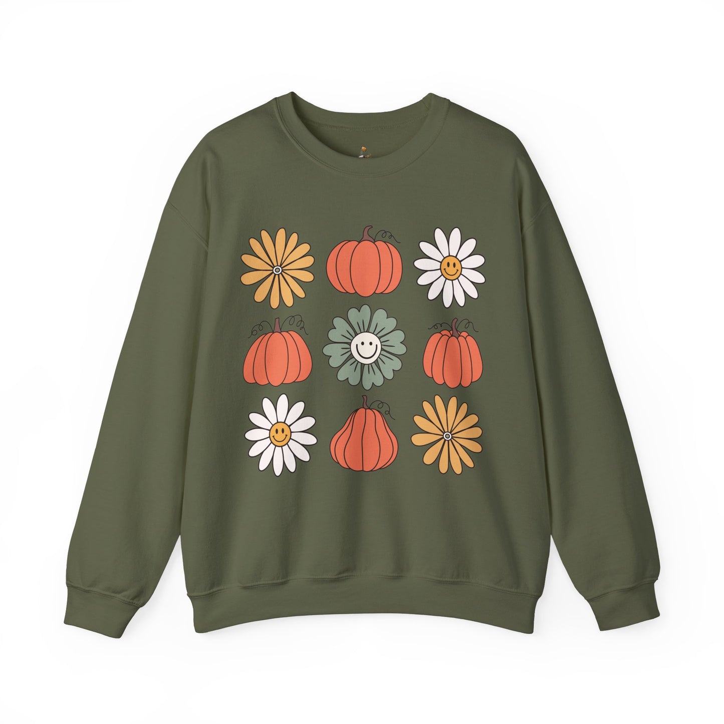 Retro Pumpkins & Flowers - Unisex Heavy Blend™ Crewneck Sweatshirt