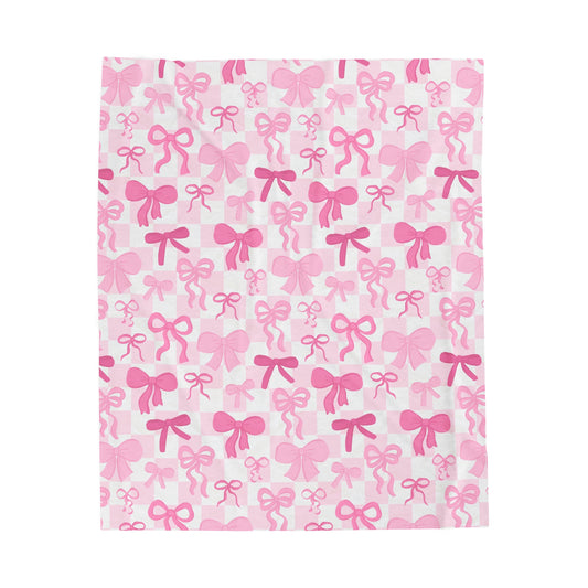 Pink Bow Checkered - Plush Blanket