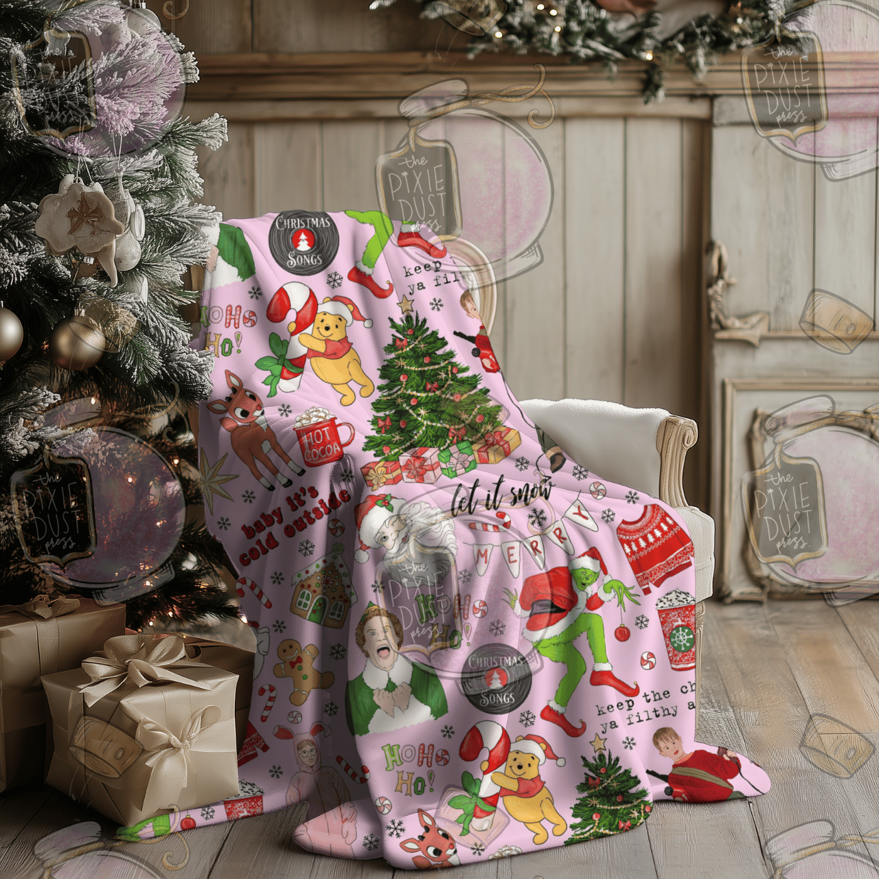 Classic Christmas - Pink -  Plush Christmas Blanket