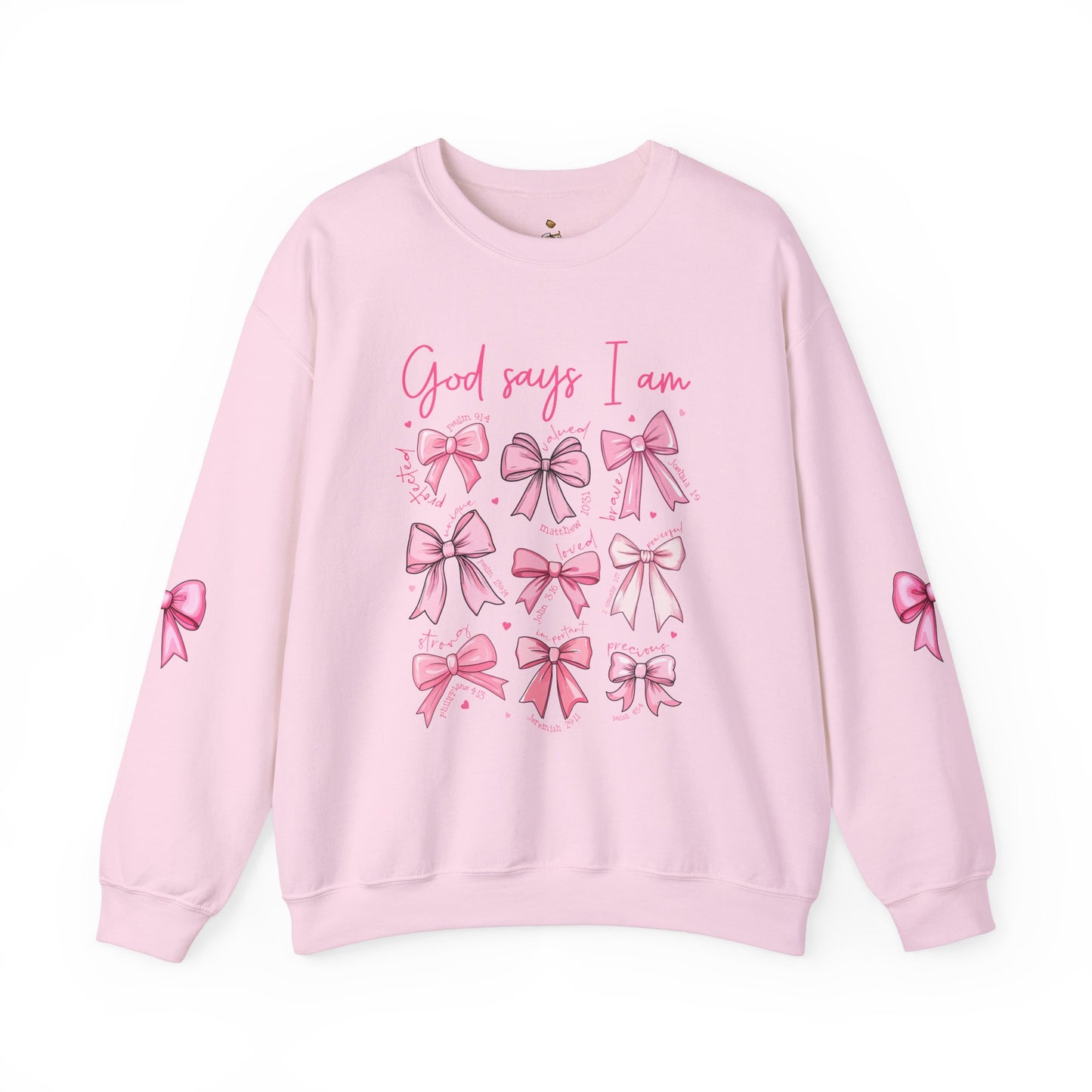 "God Says I Am" Pink Bow Sweatshirt – Inspirational Christian Crewneck