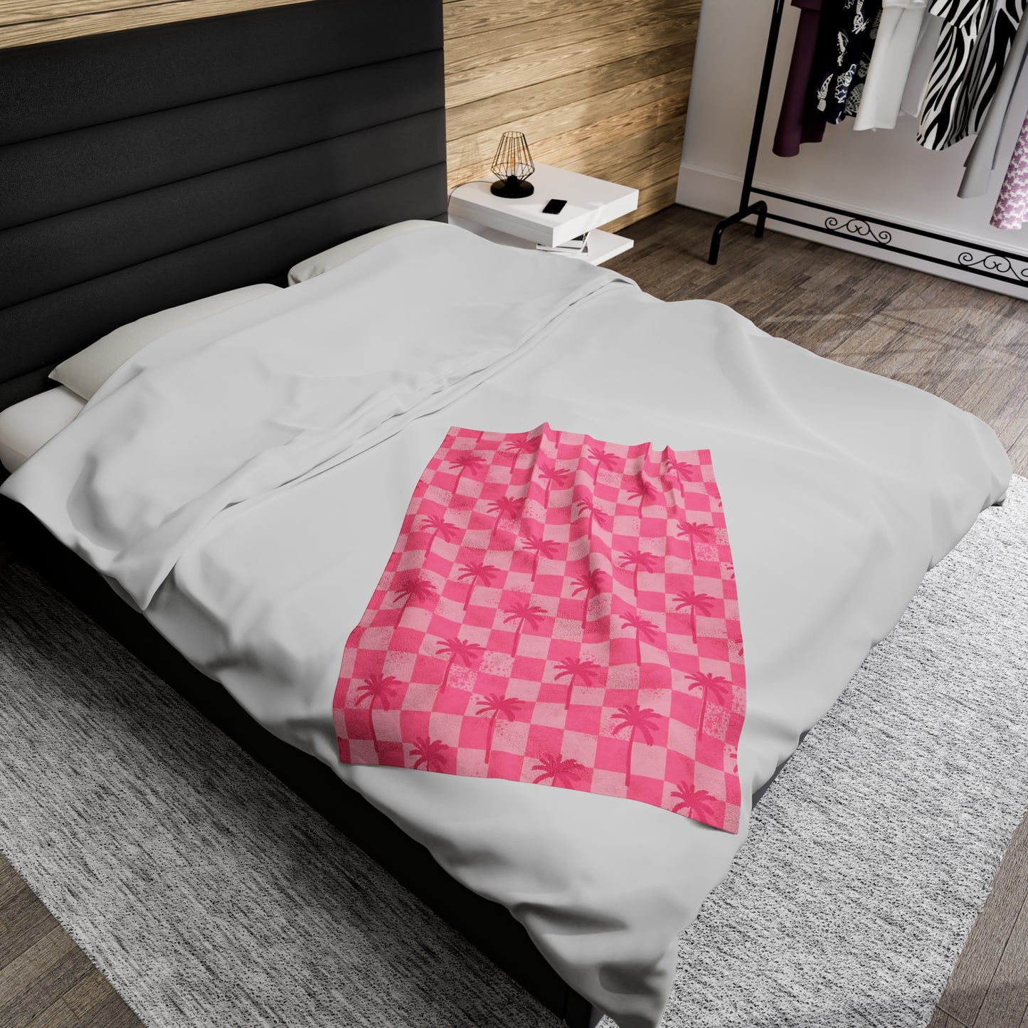 Pink Checkered Palms  - Velveteen Plush Blanket