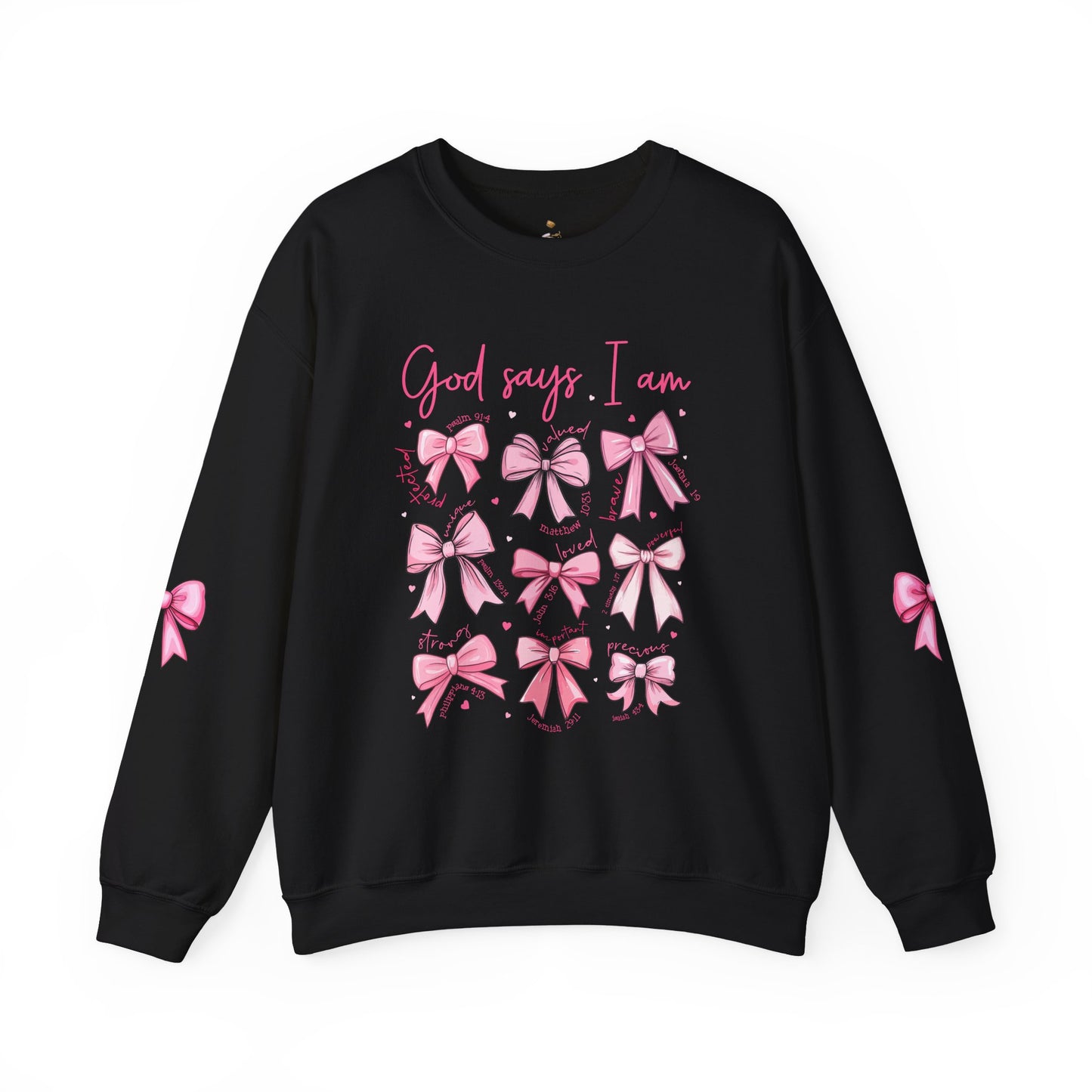 "God Says I Am" Pink Bow Sweatshirt – Inspirational Christian Crewneck