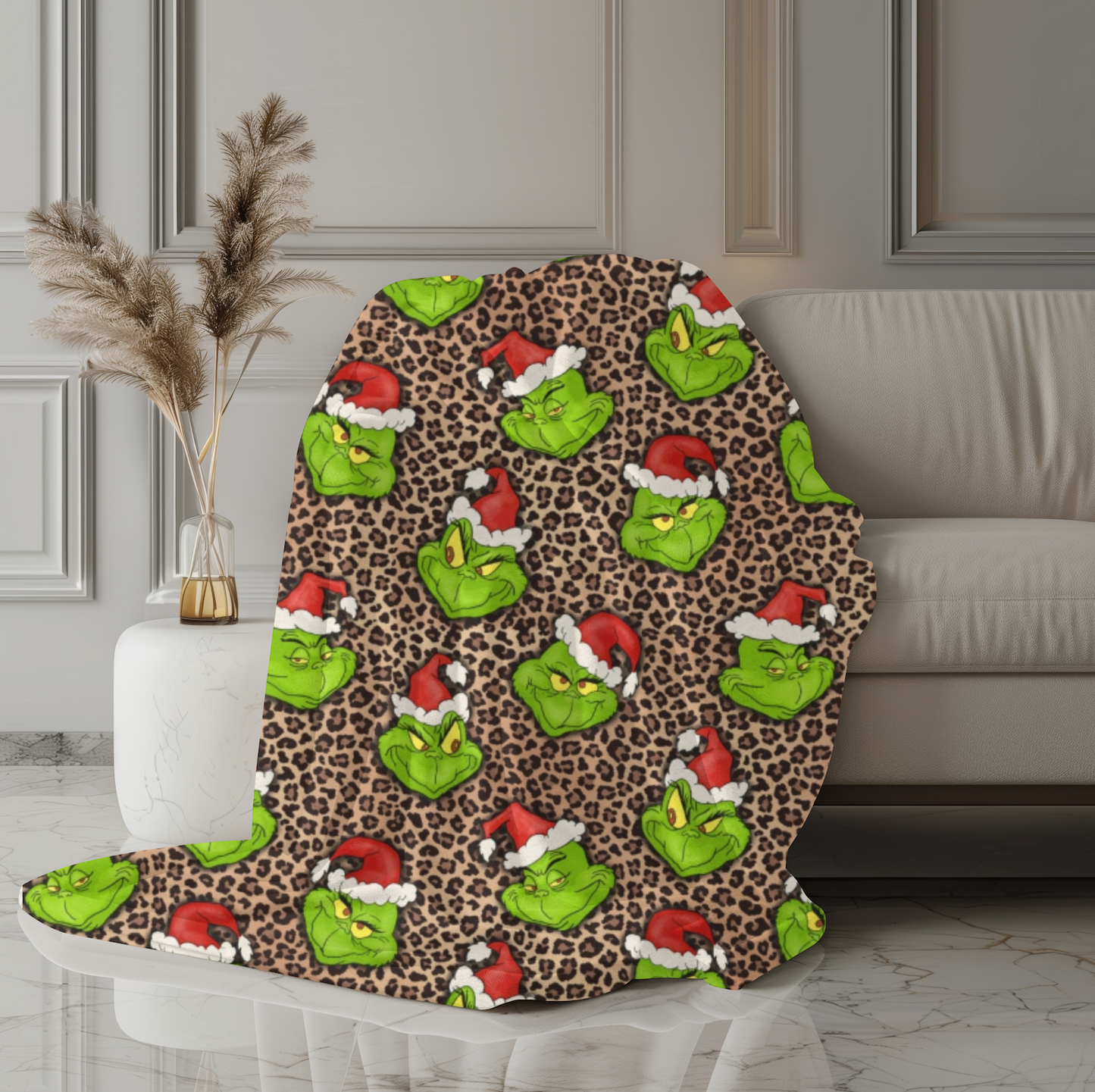 Leopard Print Green Christmas Grouch - Plush Blanket